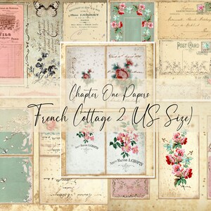 May include: A collage of vintage-style papers featuring floral designs, handwritten text, and a butterfly. The papers are in shades of pink, blue, and green, and have a distressed, aged look. The text on the papers includes "Chapter One Papers", "French Cottage 2 US Size", and "As Marion A CHOPEN".