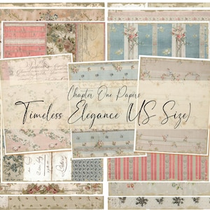 Pode incluir: Uma colagem de papéis de scrapbook em estilo vintage com padrões florais, de escrita e listrados. Os papéis apresentam tons pastel de rosa, azul e creme. O texto nos papéis diz "Chapter One Papers" e "Timeless Elegance (US Size)".