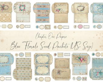 Blue Florals Seed Packets Junk Journal Ephemera Kit