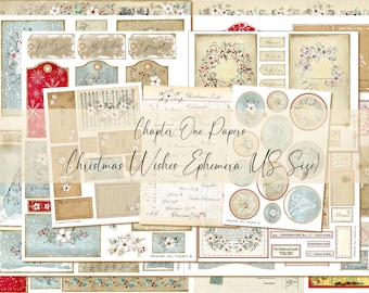 May include: A collection of digital papers featuring a Christmas theme. The papers include various designs with wreaths, snowflakes, and festive text. The papers are labelled "Chapter One Papers Christmas Wishes Ephemera (US Size)".