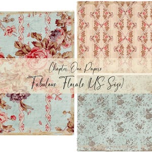 May include: A collage of four patterned papers with floral designs. The papers feature roses, vines, and other flowers in shades of red, pink, and purple, set against light blue and cream backgrounds. The text "Chapter One Papers" and "Fabulous Florals (US Size)" is visible.