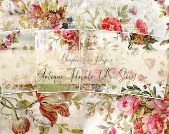 May include: A collage of six vintage floral patterned papers in US letter size. The papers feature a variety of floral designs in shades of pink, red, and green. The text "Chapter One Papers Antique Florals US Size" is superimposed on the collage.