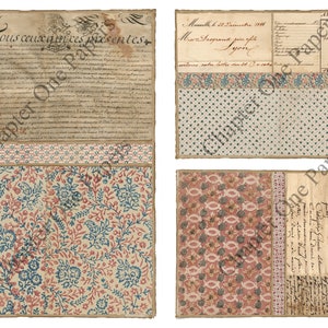 May include: Four vintage paper textures with a floral pattern in shades of blue, red, and white. The paper has a distressed look with visible creases and stains. The text on the paper reads "Sous ceux quiques presentes" and "Marseille le 22 Decembre 1788".