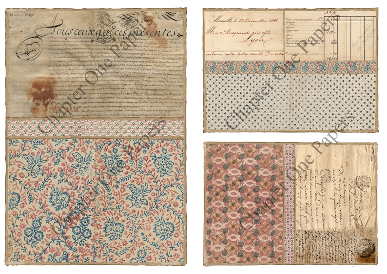 May include: Four vintage paper textures with a floral pattern in shades of blue, red, and white. The paper has a distressed look with visible creases and stains. The text on the paper reads "Sous ceux quiques presentes" and "Marseille le 22 Decembre 1788".