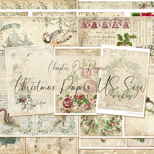 Pode incluir: Uma colagem de papéis de Natal de estilo vintage no tamanho carta dos EUA. Os papéis apresentam imagens de azevinho, pássaros, flores e notas musicais. O texto "Chapter One Papers" e "Christmas Papers (US Size)" é visível.