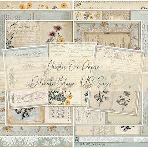 May include: A collection of vintage-style paper sheets with floral and script designs. The papers feature a soft color palette of blues, creams, and yellows, with delicate flower illustrations and handwritten text. The text on the papers reads "Chapter One Papers Delicate Blooms US Size".