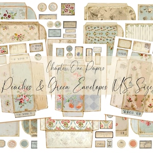 Perziken en groene enveloppen Junk Journal Ephemera Kit