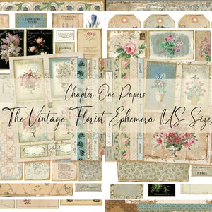 May include: A collection of vintage floral themed papers and ephemera in US letter size. The papers feature floral illustrations, text, and decorative elements. The ephemera includes tags, labels, and other decorative elements.