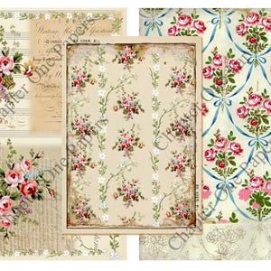 May include: A digital collage sheet with four different vintage floral patterns. The patterns feature pink and white roses, green leaves, and white flowers on a cream background. The patterns are perfect for scrapbooking, card making, and other paper crafts.