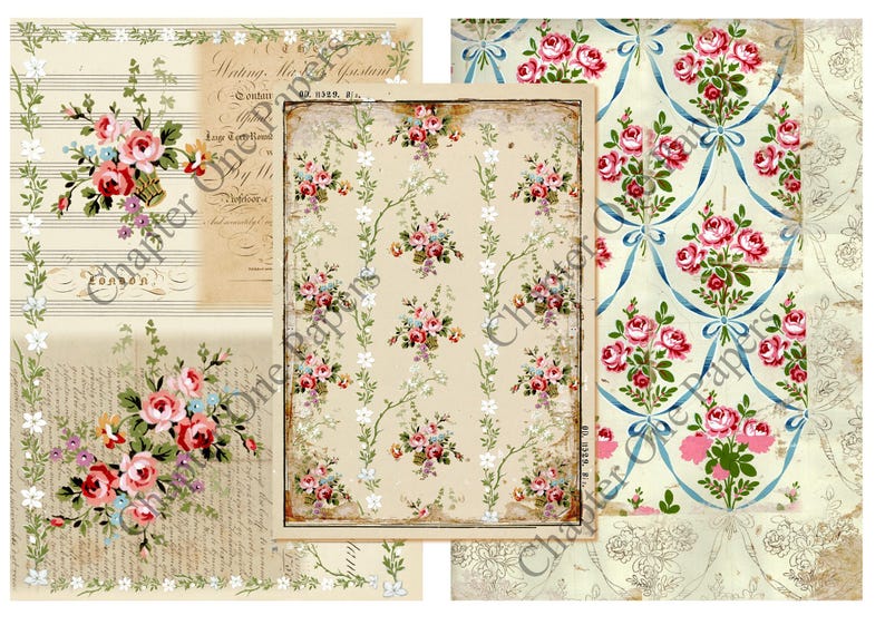 May include: A digital collage sheet with four different vintage floral patterns. The patterns feature pink and white roses, green leaves, and white flowers on a cream background. The patterns are perfect for scrapbooking, card making, and other paper crafts.