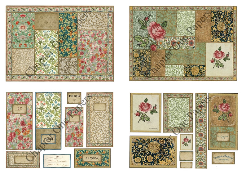 May include: A digital collage sheet with vintage floral patterns, including roses, and text that says "Paris" and "London". The sheet is perfect for scrapbooking, card making, and other paper crafts.