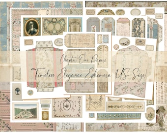May include: A collection of vintage-style ephemera papers in US size. The papers feature floral patterns, portraits, and decorative elements in soft pastel colors. The text "Chapter One Papers" and "Timeless Elegance Ephemera" are visible.