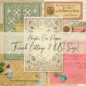 May include: A collage of vintage paper ephemera with a French cottage theme. The papers feature floral designs, handwritten text, and labels with French words. The text includes "Chapter One Papers", "French Cottage 2 US Size", "La Vall&eacute;e du Paillon", and "Hotel de la Poste".