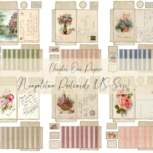 May include: A collection of vintage-style paper ephemera, including postcards and envelopes. The postcards feature floral illustrations and handwritten script. The envelopes have striped patterns in green, pink, and blue. The text "Chapter One Papers" and "Neapolitan Postcards US Size" are visible.