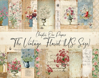 May include: A digital collage sheet featuring vintage floral illustrations in various colors, including pink, red, blue, and green. The sheet is titled "The Vintage Florist (US Size)" and includes the text "Chapter One Papers".