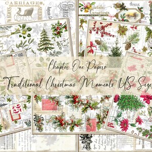 May include: A collage of digital papers featuring traditional Christmas imagery. The papers include illustrations of holly, pine branches, birds, and other festive elements. The text "Chapter One Papers Traditional Christmas Moments (US Size)" is displayed in the center of the collage.