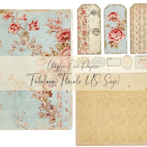 May include: A collection of vintage-style paper ephemera with floral designs. The set includes patterned papers, tags, and labels in shades of blue, pink, and beige. The text "Chapter One Papers" and "Fabulous Florals (US Size)" is visible.