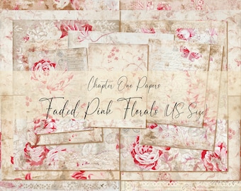 May include: A collage of digital papers featuring faded pink floral patterns on a cream background. The papers are arranged in a grid pattern and include text that reads "Chapter One Papers Faded Pink Florals US Size".