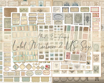 May include: A digital collage sheet featuring vintage labels and stamps in various styles and colors. The sheet includes labels with text in French and English, as well as decorative elements like floral motifs and borders. The sheet is titled "Chapter One Papers Label Mixtures 2 (US Size)".