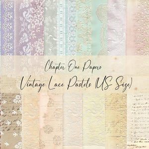 Puede incluir: Un collage de 12 papeles digitales con patrones de encaje vintage en colores pastel. Los papeles son de tamaño carta de EE. UU. y son perfectos para scrapbooking, creación de tarjetas y otros proyectos de manualidades. El texto de la imagen dice "Chapter One Papers Vintage Lace Pastels (US Size)".