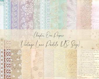 May include: A collage of 12 digital papers featuring vintage lace patterns in pastel colors. The papers are in US letter size and are perfect for scrapbooking, card making, and other crafting projects. The text on the image reads "Chapter One Papers Vintage Lace Pastels (US Size)".