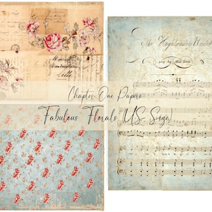 May include: A collage of vintage paper ephemera with floral and musical themes. The top left features aged letters and floral illustrations. The top right displays sheet music with the title "The Highlanders Bride." The bottom left has a floral pattern, and the bottom right has sheet music.