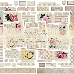 Könnte beinhalten: Eine Sammlung von Neapolitan Rose Ephemera Papieren im US-Format. Die Papiere zeigen florale Designs mit rosa und gelben Rosen sowie verschiedene Formen und Muster, darunter Streifen und Karos. Der Text "Chapter One Papers" und "Neapolitan Rose Ephemera (US Size)" ist sichtbar.