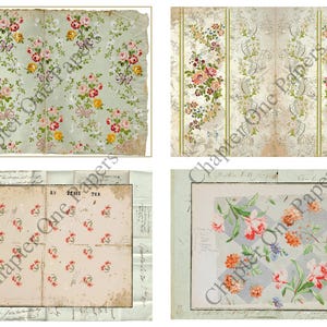 May include: Four vintage floral patterned paper samples. The top left sample features a light blue background with a repeating pattern of pink, yellow, and red flowers. The top right sample features a white background with a repeating pattern of pink, yellow, and green flowers. The bottom left sample features a white background with a repeating pattern of pink flowers. The bottom right sample features a light blue background with a repeating pattern of pink, orange, and blue flowers. The text "OD. 11529. Bis." is printed on the bottom right sample.