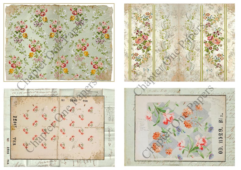May include: Four vintage floral patterned paper samples. The top left sample features a light blue background with a repeating pattern of pink, yellow, and red flowers. The top right sample features a white background with a repeating pattern of pink, yellow, and green flowers. The bottom left sample features a white background with a repeating pattern of pink flowers. The bottom right sample features a light blue background with a repeating pattern of pink, orange, and blue flowers. The text "OD. 11529. Bis." is printed on the bottom right sample.