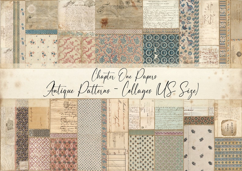 May include: A collage of 25 digital papers featuring antique patterns and designs in shades of blue, brown, beige, and pink. The papers are labeled "Chapter One Papers - Antique Patterns - Collages (US Size)".