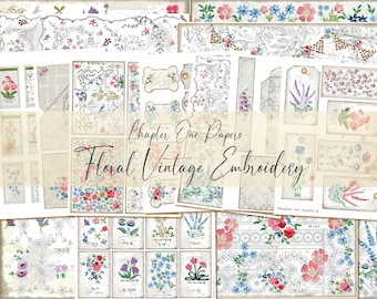 Floral Vintage Embroidery Junk Journal Digital Kit (A4 size) for Instant Download Chapter One Papers