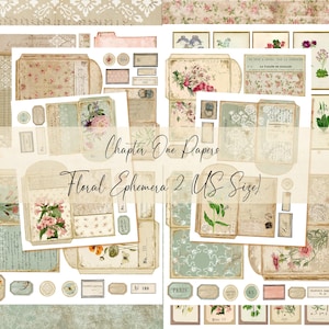 May include: A collection of printable paper ephemera featuring vintage floral illustrations, script handwriting, and decorative patterns in muted tones. The sheets include envelopes, tags, and labels with the text Chapter One Papers Floral Ephemera 2 US Size.