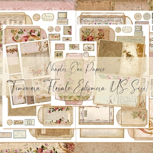 May include: A collection of vintage-style paper ephemera with floral and botanical designs. The papers include envelopes, tags, and decorative elements in soft pinks, creams, and browns. Text on the papers reads "Chapter One Papers" and "Timeworn Florals Ephemera US Size".