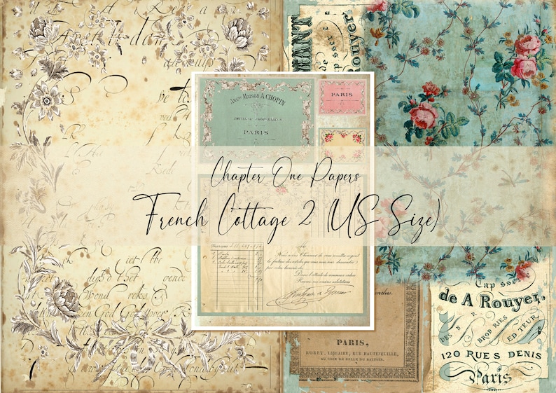 May include: A digital paper pack with a French cottage theme. The papers feature vintage floral patterns, handwritten text, and labels with the words "Chapter One Papers", "French Cottage 2", "US Size", "Paris", and "de A Rouyer".