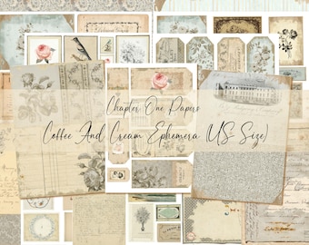 May include: A collection of vintage-style papers and ephemera in cream, brown, and blue tones. The papers feature floral designs, handwritten text, and decorative borders. The text on the image reads "Chapter One Papers Coffee And Cream Ephemera US Size".