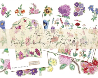 May include: A collection of vintage embroidery floral designs in various colors, including pink, purple, blue, and yellow. The designs are arranged on a white background and are ready to be cut out and used for crafting projects. The text "Chapter One Papers Vintage Embroidery Fussy Cuts US Size" is visible at the top of the image.