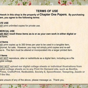 May include: Terms of use for digital and printed artwork. You may print unlimited copies for private use. You may not resell these items as-is or as your own work in either digital or printed form. You may print up to 350 copies per year for use in a tangible item, such as a journal, for sale. You may not simply print copies and re-sell them as-is. The item must be altered or incorporated into a larger printed item. You may not reproduce, alter or redistribute as a digital item, including as a file or a digital collage. You may not upload our digital collage sheets or individual illustrations from our digital collage sheets on to any Print On Demand site, such as Bonfire, Cafe Press, CraftUPrint, Redbubble, Society 6, Spoonflower, Teespring, Zazzle or any of the like.