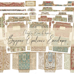 May include: A collection of vintage-style paper envelopes with ornate designs. The envelopes feature floral, geometric, and damask patterns in muted colors like beige, red, and teal. Text on the image reads "Chapter One Papers" and "Bygone Opulence Envelopes".