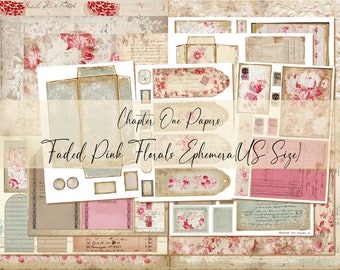 May include: A digital collage sheet with faded pink floral patterns and text that says "Chapter One Papers Faded Pink Florals Ephemera (US Size)". The sheet includes various shapes and sizes of paper, including tags, envelopes, and labels.