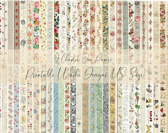 May include: A digital download of printable washi tape designs in US letter size. The designs feature a variety of floral patterns, including roses, daisies, and other botanical elements. The text "Chapter One Papers Printable Washi Designs (US Size)" is displayed on the image.