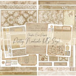 Pode incluir: Uma colagem de efemérides de papel em estilo vintage em tons de bege, creme e castanho. A coleção inclui papéis estampados, etiquetas e etiquetas com desenhos florais e botânicos. O texto inclui "Chapter One Papers" e "Pretty Neutrals US Size".