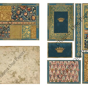 May include: A digital paper pack with a blue and gold color scheme. The pack includes various patterns and designs, including floral motifs, geometric shapes, and a crown.