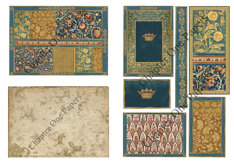 May include: A digital paper pack with a blue and gold color scheme. The pack includes various patterns and designs, including floral motifs, geometric shapes, and a crown.