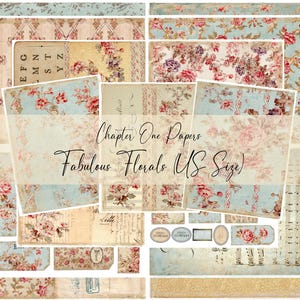 以下が含まれることがあります： ピンク、赤、青の色合いの花柄が特徴のヴィンテージスタイルの紙のコレクション。「Chapter One Papers」と「Fabulous Florals US Size」の文字が見えます。紙は使い古されたような外観をしています。