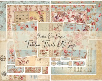 May include: A collection of vintage-style paper sheets with floral patterns in shades of pink, red, and blue. The text "Chapter One Papers" and "Fabulous Florals US Size" is visible. The papers have a distressed, aged appearance.