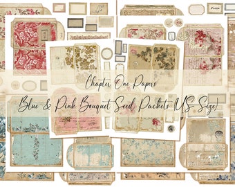 Blue & Pink Bouquet Seed Packets Junk Journal Ephemera Kit (US Letter Size)