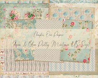 May include: A collage of patterned papers in shades of aqua and blue with floral designs. The papers are labeled "Chapter One Papers Aqua & Blue Pretty Mixtures (US Size)".