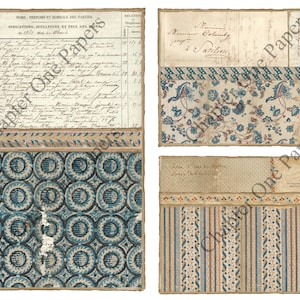 May include: A vintage collage of patterned paper scraps with a blue and white geometric design, a floral pattern, and a striped pattern. The paper scraps are on a beige background. The text "Chapter One Papers" is visible in the image.