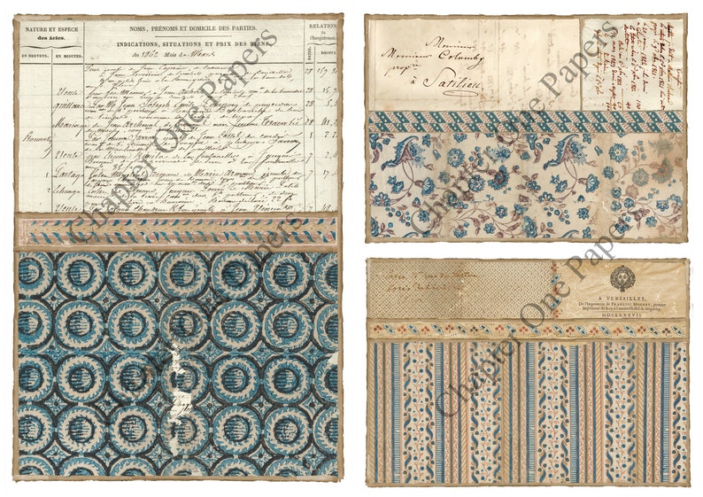 May include: A vintage collage of patterned paper scraps with a blue and white geometric design, a floral pattern, and a striped pattern. The paper scraps are on a beige background. The text "Chapter One Papers" is visible in the image.