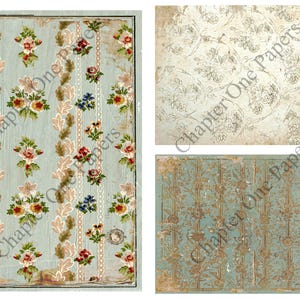 May include: A digital collage sheet with four different vintage floral patterns. The patterns are in shades of blue, brown, and white. The patterns are all on a distressed background. The text "Chapter One Papers" is visible in the image.